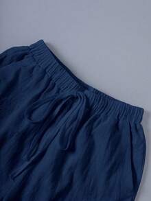 EMERY ROSE 纯色前系带口袋简约短裤，休闲日常穿着 - 藍色 - 查看 4