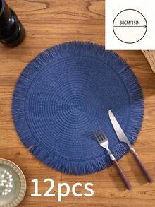 SHEIN 1/4/6/12片装北欧现代简约风格圆形纸质餐垫，带编织流苏 - 家居厨房装饰餐桌垫，防滑水杯、碗和盘子垫。适用于节日聚会、生日派对、婚宴和家居装饰 （请注意，餐垫材质为纸质，不可水洗） - 藍色 - 查看 14