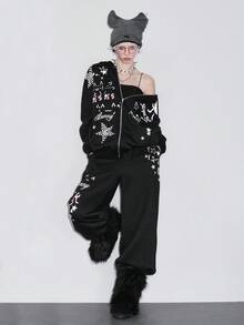 ROMWE 2 件套女士可爱甜美女孩星星蝴蝶结翅膀宽松运动衫和运动裤套装