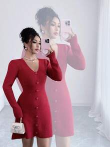 Elenzga Women's Autumn/Winter New Rose Button Decor V-Neck Fitted Shiny Knit Mini Sweater Dress