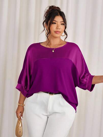 Cravure Camisa informal de manga 3/4 con cuello redondo, tela metálica, parches de contraste de color, puños de tela tejida, manga raglán, para salir, vacaciones, ir al trabajo, fiestas, talla grande