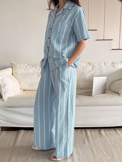DAZY 女士条纹撞色饰边纽扣短袖和裤子睡衣套装