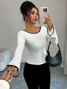 Elenzga Women's Elegant Commuter Contrast Trim Tie Back Slit T-Shirt - White - View 2