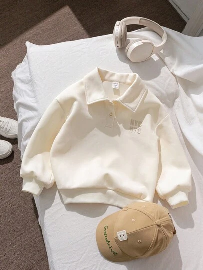 Genkimix Kids 小男孩白色 Polo 领卫衣，面料柔软，穿着舒适，适合春秋冬季，字母图案刺绣设计，适合外出、上学和日常休闲穿着