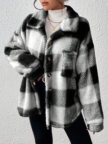 INAWLY Plus Size Casual Colorblock Plaid Fuzzy Jacket, Autumn/Winter - Black - View 6