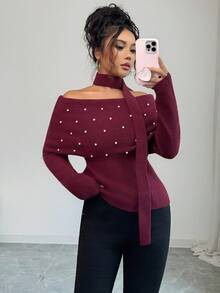 Elenzga Femmes Élégant Doux Perles Épaules Dénudées Col Roulé Chandail Avec Design Écharpe Drapée, Convient Pour Noël, Nouvel An, Cadeaux d'Action de Grâce, Automne/Hiver - Rouge foncé - Voir 5