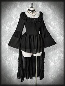 SHEIN ICON 大码黑色方领荷叶边下摆不对称下摆连衣裙、波西米亚风连衣裙、万圣节服装、水手服 - 黑色 - 查看 5