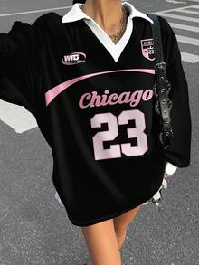 Muchica 女士休闲撞色 Polo 领长袖宽松 T 恤，适合秋冬季节、运动赛事，皇家蓝，球赛、篮球，23 号 Y2k 超大款球衣，韩版时尚球衣，Y2k 女款球衣，黑色上衣 - 黑色 - 查看 4