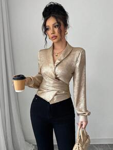 Elenzga 万圣节音乐节派对闪亮轻薄面料披肩领系腰蝴蝶结优雅浪漫女士上衣秋季女装 - 金色 - 查看 5