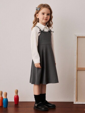PrepCrw Young Girl's Solid Color Long Sleeve Shirt And Cami Dress Set, Collegiate Style Fall Winter