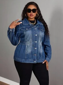 EMERY ROSE Winter Plus Size Women's Casual Single-Breasted Denim Jacket, Autumn - Dark Wash - View 3