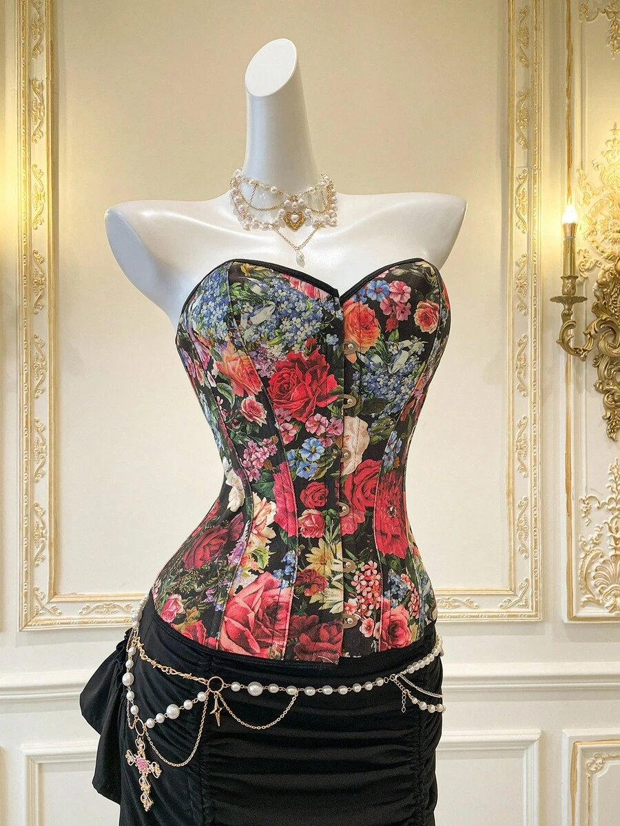 SHEIN MOD Women's Black Floral,Summer,Vintage,Date Night Corset,Goth Cami,Night Out,,Christmas,Halloween,Birthday,Concert,Embroidered Flower Crop Top - Black - View 1