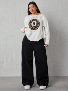 SHEIN ICON 大码休闲百搭纯色阔腿牛仔裤 - 黑色 - 查看 5