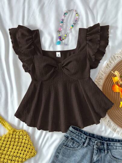 SHEIN Teen Girl Summer Sunshine Sweet Casual & Comfortable Ruffle Sleeve Jacquard Knit T-Shirt, Homewear, Cute, Suitable For Parties, Valentine's Day Dark Brown Babydoll Blouse Girls Brown Ruffle Top Teen Girl Babydoll Top Brown Textured Babydoll Top Babydoll Top With Sleeves