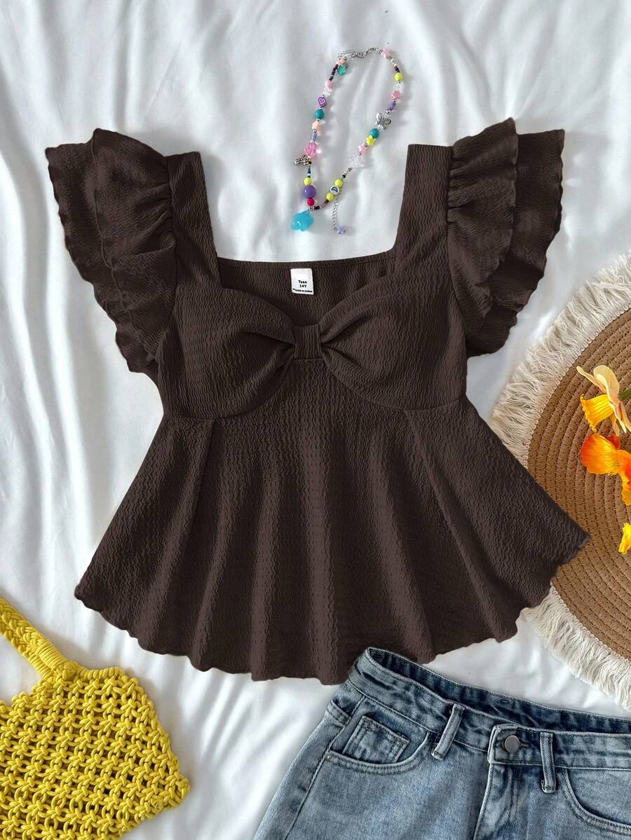 SHEIN 少女夏日阳光甜美休闲舒适荷叶边袖提花针织T恤，家居服，可爱，适合派对、情人节 - 棕色 - 查看 1