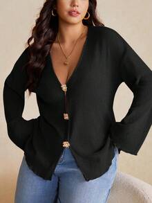 Elaquor 秋冬加大码仿珍珠纽扣深 V 领喇叭袖针织外套曲线开衫 - 黑色 - 查看 7
