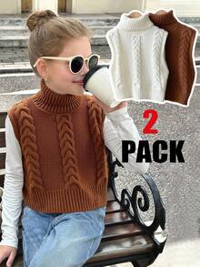 SHEIN Serisse Kids Tween Girl 2pcs Sleeveless Woolen Twist Turtleneck Knitted Top, Solid White & Coffee Brown, Fall Winter Clothes - Multicolor - View 2