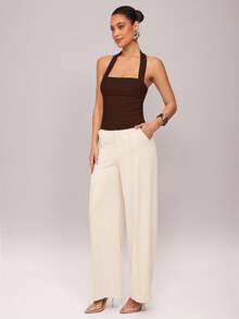 Silquee 性感纯色露背挂脖上衣，夏季 - 咖啡棕 - 查看 7