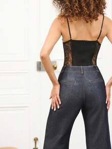 lacRébo Top bustier sexy de encaje negro con tirantes de espagueti - Negro - Ver 2
