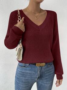 SHEIN LUNE Sweater Kasual Wanita Warna Polos Leher V Lengan Raglan, Musim Gugur/Dingin - Rose Red - View 3