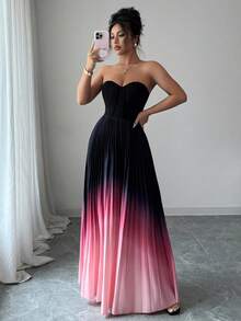 Elenzga Ombre Gradient Elegant Ruched Waist A-Line Dress For Women - Multicolor - View 6