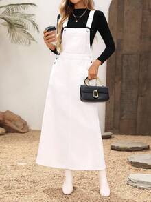 EMERY ROSE 女式纯色无袖休闲百搭牛仔连身裤，带口袋 - 白色 - 查看 4