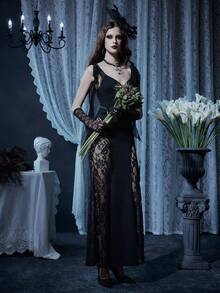 Glisette Women's Lace Patchwork Sleeveless Sexy Sheer Lace-Up Bodycon Dress - Black - View 5