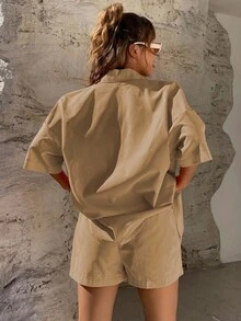 SHEIN Unity 2 bộ đồ thường ngày cho nữ áo sơ mi ngắn tay màu trơn và quần short - màu nâu - Xem 2
