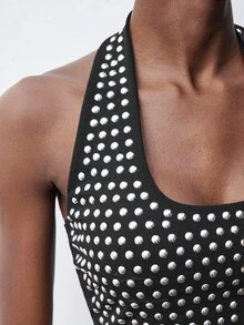Maija 2025 Rivet Halter Neck Sleeveless Fashion Tank Top Studded Top Bling Top Rhinestone Tops, Polka Dot, Black Top , Black Corset, Party Outfit, Halloween Costumes, Nightmare Before Christmas, Halloween Costume, Autumn Outfits For Women, Sequin Top, Black Top, Beach Outfit For Women