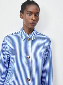 Maija 女式休闲条纹纽扣长袖衬衫，秋季