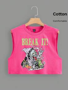 SHEIN EZwear 骷髏頭和字母圖案短款背心 - 玫紅色 - 查看 1