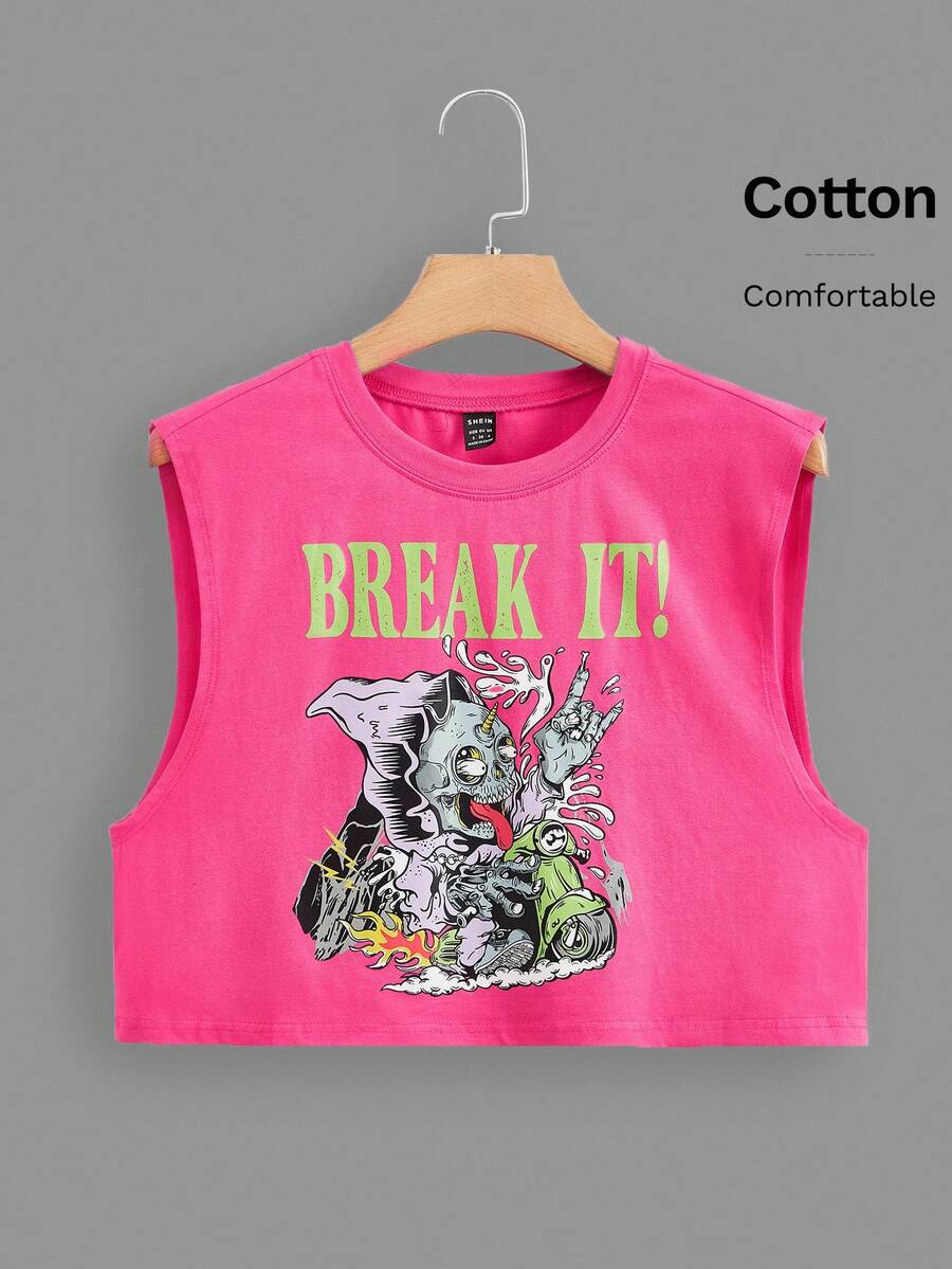 SHEIN EZwear 骷髏頭和字母圖案短款背心 - 玫紅色 - 查看 1