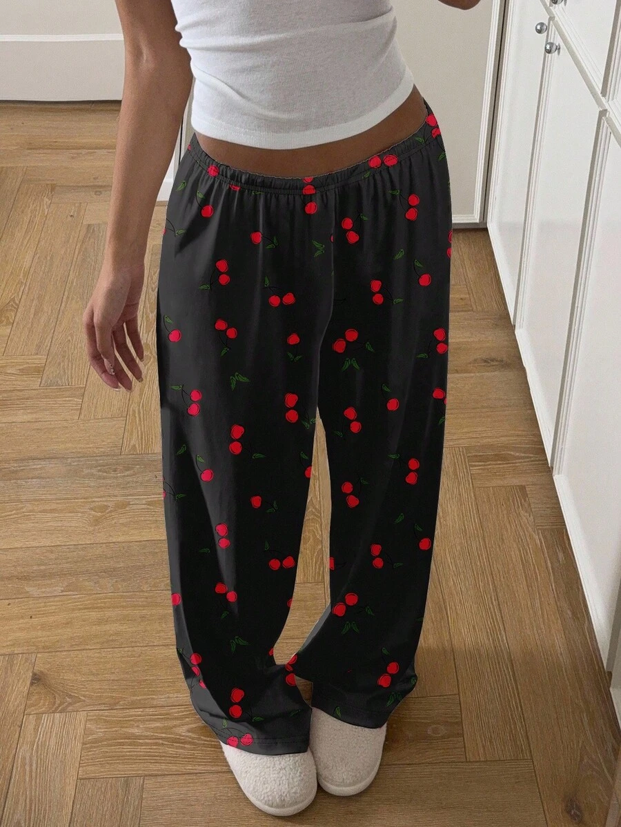 SHEIN EZwear Casual Cherry Print Pattern Dark Grey Low-Waist Women's ...