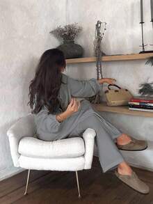 EURMUSE Set de două piese pentru femei, culoare solidă, cu mâneci balon, cu papion în față și croială largă - Gri deschis - Vizualizare 5