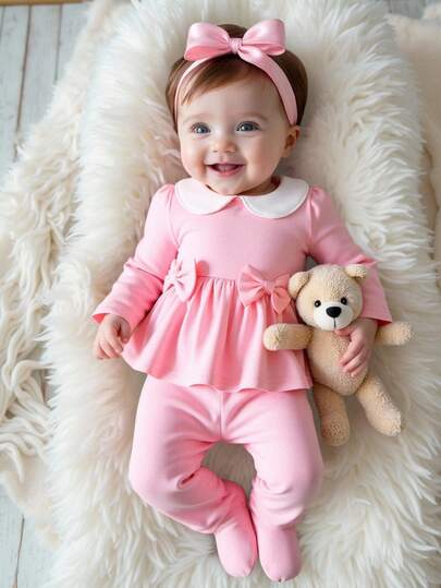 SHEIN 新生女婴秋季服装套装，包括可爱的长袖衬衫（带领和蝴蝶结）、配套裤子和袜子