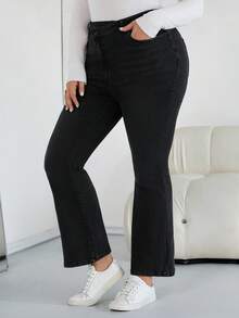 SHEIN CURVE+ Women Plus Black Autumn And Winter High Elastic Thermal Lined Asymmetrical Waist Flared Jeans,Smart Casual Everyday Chic Halloween Costumes Style - Black - View 4