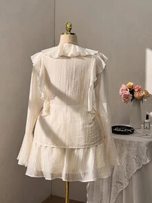 Sweetra 大码荷叶边喇叭袖优雅两件套 - 杏色 - 查看 4