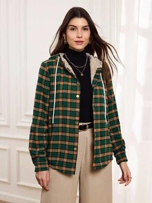 Miaspire Plaid Print Teddy Lined Snap Button Drawstring Hooded Coat - Dark Green - View 4