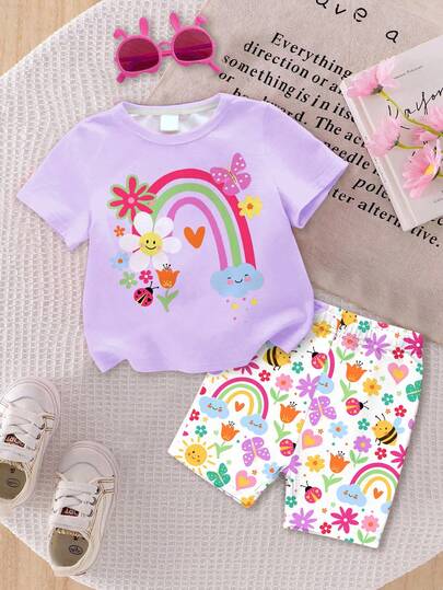 SHEIN 2 piezas Conjunto casual de niña bebé con camiseta de manga corta de cuello redondo y leggings con estampados florales, de cara, arcoíris, insectos y mariposas, adecuado para primavera/verano, ropa de niña bebé, ropa de niña bebé de otoño, conjuntos de ropa de bebé arcoíris, conjuntos de ropa de unicornio, conjuntos casuales de bebé de verano, conjuntos de manga corta
