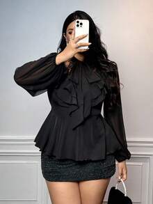 Viva Relle 大码性感蕾丝蝴蝶结衬衫 - 黑色 - 查看 2