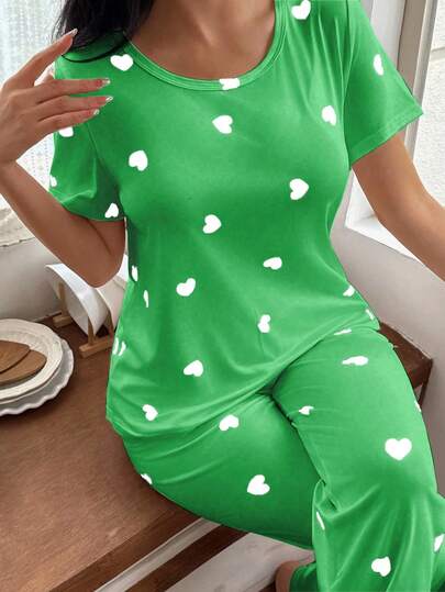 Heart Print Short Sleeve Top Pants Pajama Set