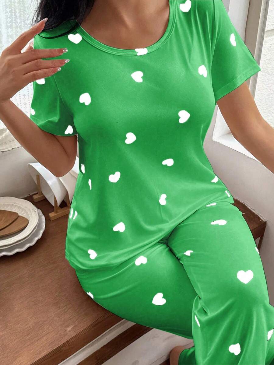 SHEIN Heart Print Short Sleeve Top And Pants Pajama Set - Green - View 1