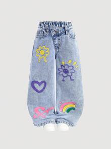 SHEIN Y2K 少女风可爱花卉爱心涂鸦印花蓝色牛仔宽松腰裤，斜腰设计，适合秋季、秋冬季休闲时尚度假穿着。 - 淺色水洗藍 - 查看 5