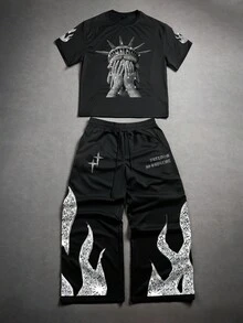 Manfinity EMRG 男士圆领短袖T恤和抽绳长裤两件套，时尚潮流自由灵魂黑色套装 | 纽约嘻哈自由女神像图案T恤 + 火焰图案长裤 | 超舒适宽松版型 | 暗黑系情侣装 | 街头摄影必备 - 黑色 - 查看 2