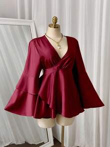 Sweetra 大码女式绿色缎面荷叶边袖休闲衬衫，新年必备。 - 紅色 - 查看 7