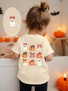 Trang phục Halloween cho bé gái thời trang thường ngày sáng tạo hình bí ngô, ma dễ thương, xin kẹo, sinh vật ma quái, mùa đáng sợ, áo phông tay ngắn cơ bản phong cách mùa thu - Màu be - Xem 3