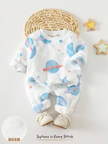 Cozy Pixies 2 piezas/Set Sudadera de felpa gruesa con estampado de planetas y pantalones de cintura elástica para niño pequeño, 2 piezas/Set Pijama de suéter de cuello redondo de punto suave forrado de felpa y pantalones, estilo básico clásico y cómodo adecuado para el hogar, uso diario, festivales, Halloween, Navidad, adecuado para invierno, otoño, Navidad