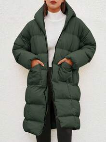 EURMUSE Dual Pocket Drop Shoulder Zipper Hooded Puffer Coat - Army Green - View 1