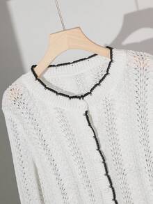 SHEIN Franclia Women's Regular Raglan Sleeve Contrast Trim Decor Round Neck Hollow Button Front White White Cardigan Casual Spring - Black and White - View 4