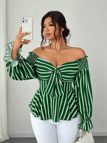Elenzga Plus Size Off-Shoulder Long Sleeve Casual Vacation Blouse - Dark Green - View 6